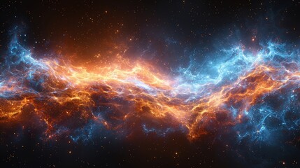 Obraz premium Cosmic Energy Flow Blue and Orange Nebula Clouds Colliding in Deep Space, Abstract Background