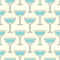 Alcohol cocktails vector seamless pattern. Blue glasses with black outline on white background.