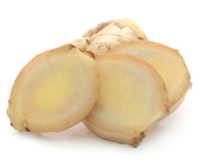 Sliced fresh ginger root isolated on white background,Craiova,Romania - stock photo
