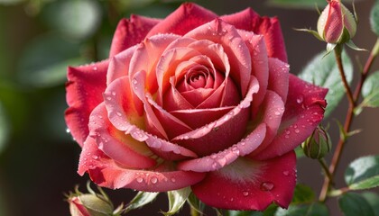 Fototapeta premium Close-up of a single blooming red rose with delicate dewdrops on its petals, captured against a soft, blurred background