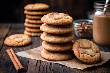 Close-up of cinnamon snickerdoodle cookies on wooden table with copy space.