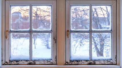 Fototapeta premium Winter Sunrise Through Frosty Window Panes. AI Generated