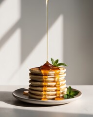 Delicious Honey Drizzled Pancakes with Fresh Mint Garnish