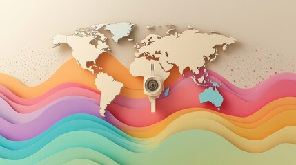 Global Surveillance Network Colorful Waves World Map Abstract Digital Security Technology