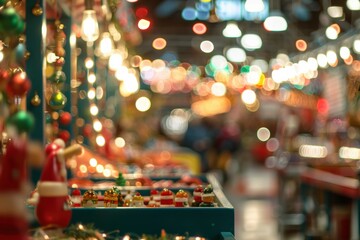 Soft blurred view of Santa’s toy factory with colorful festive lights