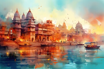 Fototapeta premium KANPUR city water color vector panoramic illustration 