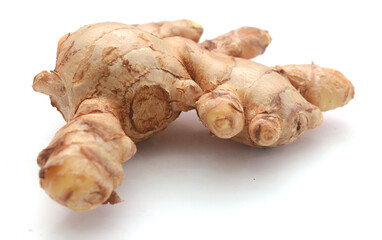Sliced fresh ginger root isolated on white background,Craiova,Romania - stock photo
