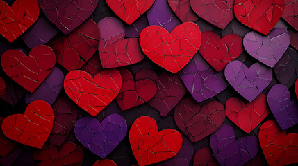Obraz premium Mosaic hearts in various shades of red and purple create vibrant, textured background, perfect for expressing love and affection