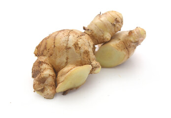 Sliced fresh ginger root isolated on white background,Craiova,Romania - stock photo
