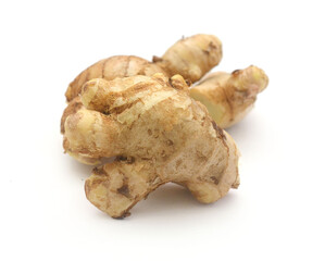 Sliced fresh ginger root isolated on white background,Craiova,Romania - stock photo
