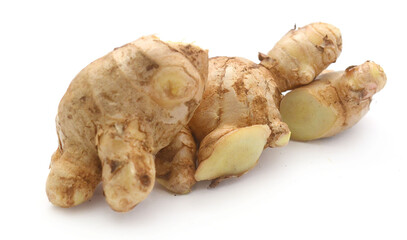 Sliced fresh ginger root isolated on white background,Craiova,Romania - stock photo
