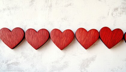 Fototapeta premium Red Wooden Hearts Row Valentines Day Decor Love Symbol Romantic Background