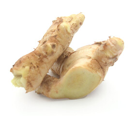 Sliced fresh ginger root isolated on white background,Craiova,Romania - stock photo
