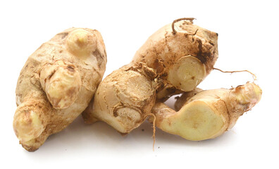 Sliced fresh ginger root isolated on white background,Craiova,Romania - stock photo
