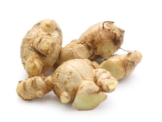 Sliced fresh ginger root isolated on white background,Craiova,Romania - stock photo
