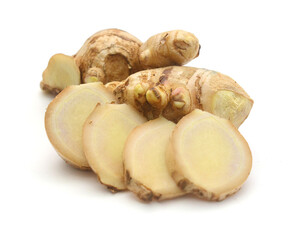 Sliced fresh ginger root isolated on white background,Craiova,Romania - stock photo
