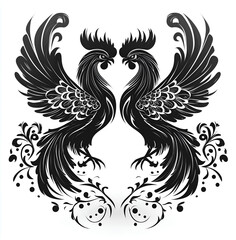 Fototapeta premium Two roosters fighting, vector black illustration on a white background