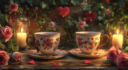 Fototapeta premium A romantic setting featuring two floral teacups surrounded by candles and roses, evoking a warm, intimate atmosphere.