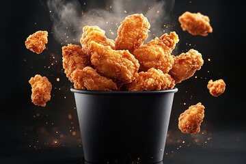Golden fried chicken pieces falling with steaming chicken