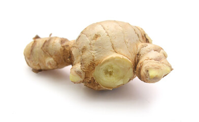 Sliced fresh ginger root isolated on white background,Craiova,Romania - stock photo
