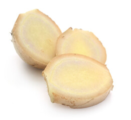 Sliced fresh ginger root isolated on white background,Craiova,Romania - stock photo
