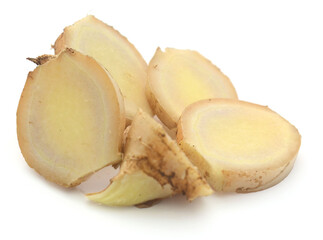 Sliced fresh ginger root isolated on white background,Craiova,Romania - stock photo
