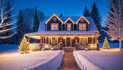 Cozy SnowCovered House with Festive Christmas Lights and Decor in Winter Wonderland