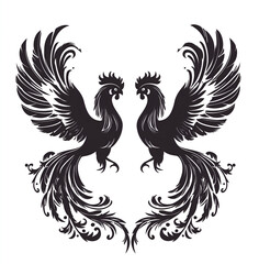 Obraz premium Two roosters fighting, vector black illustration on a white background