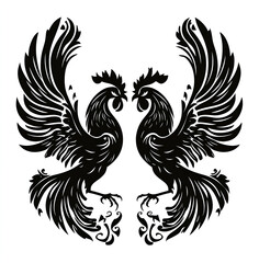 Fototapeta premium Two roosters fighting, vector black illustration on a white background