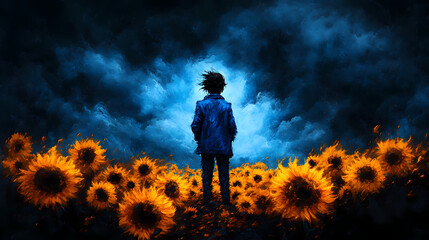 Fototapeta premium person stands amidst vibrant sunflowers under dramatic sky, evoking sense of wonder and introspection. contrast of colors creates striking visual experience