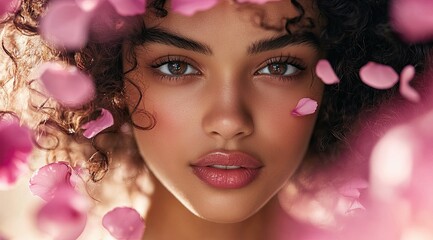 Fototapeta premium A beautiful girl with curly hair, surrounded by pink flowers and petals in the air