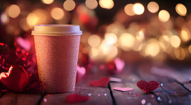 A festive coffee cup surrounded by heart-shaped decorations and soft bokeh lights creates a romantic atmosphere.
