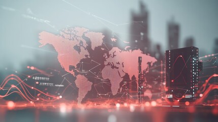 Global Network Data Visualization: World Map with Cityscape and Financial Charts