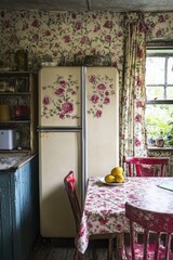 Charming Floral Accented Kitchen with Retro Refrigerator