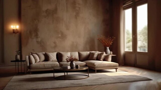 Luxury living room in warm colors. Brown beige walls, light gray lounge furniture -sofa, table. Empty background micro cement for art. Rich interior design, 4k High-Quality Wallpaper Background