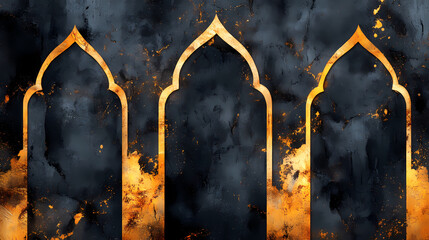 Symmetrical gothic arches with dark background and golden accents create striking visual. intricate design evokes sense of elegance and mystery
