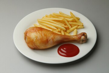 Golden brown chicken leg vintage art on all white background