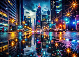 Fototapeta premium Dark urban nightscape, brilliant city lights illuminate a star-studded sky.