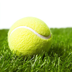 A bright yellow tennis ball resting on vibrant green grass.