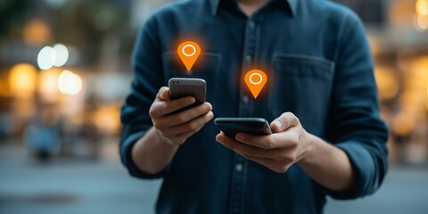 Hands Holding Two Smartphones with Digital Map Markers Indicating Locations, Conceptualizing Navigation and Modern Technology Usage in Urban Environment