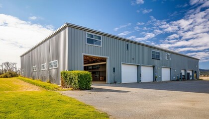 Modern Warehouse Exterior with Integrated Office Unit A Sleek Design Featuring Large Windows, Ample Parking, and Efficient Use of Space for Industrial and Commercial Needs