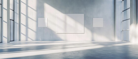 Obraz premium Sunlit Modern Gallery Interior with Blank Canvas Mockups for Art Display