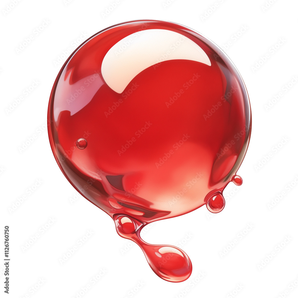 Poster glossy red droplet with reflective surface, isolated on transparency background