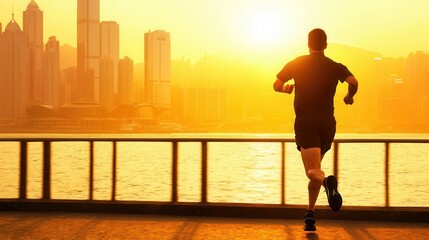 Fototapeta premium Morning runner at sunrise urban cityscape sports photography serene environment dynamic viewpoint fitness inspiration