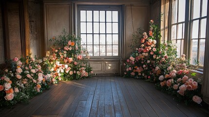 Fototapeta premium Floral Room Decor, Peach Roses, Wooden Floor, Wedding Venue