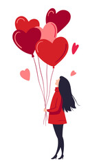 Young girl holding red hearts balloons, flat vector illustration, Love, Valentines Day, Date