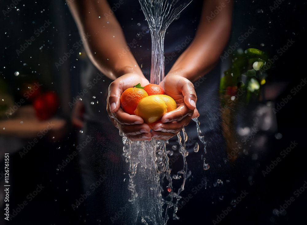 Poster water cascades over hands cupping a vibrant assortment of ripe tomatoes, creating a dynamic splash a