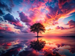 Fototapeta premium Double exposure magic: pink skies, dreamy clouds, fantasy landscape.