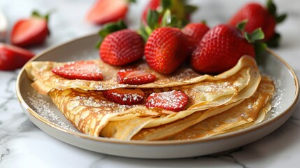 Fluffy crepes brimming with velvety ricotta, garnished with vibrant strawberries on a refined marble table