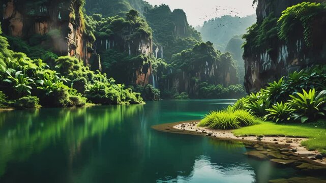 Unspoiled views of lagoons and cliffs, seamless 4K looping virtual video animation background